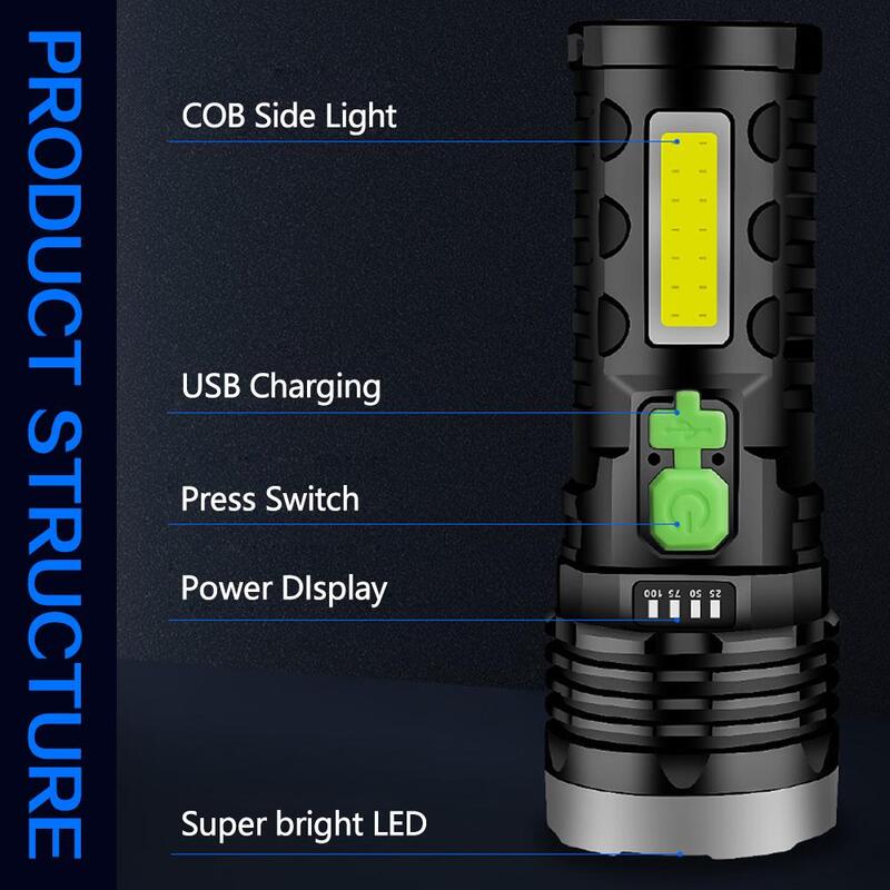 USB/Solar Charging Flashlight Built-in Battery Torch with COB Side Light Solar Flashlight Waterproof Hand Light Camping Lamp