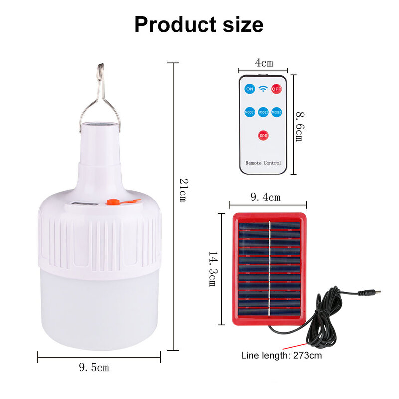 Bombilla LED portátil con control remoto Solar, lámpara de emergencia recargable con gancho para luz nocturna, para acampada y pesca al aire libre