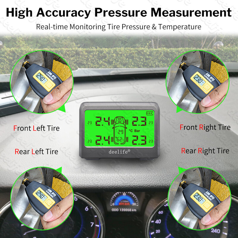Deelife Tpms Solar Bandenspanningscontrolesysteem 0-116 Psi 0-8 Bar Tmps Auto Tyre Pressure Monitor interne Externe Sensor