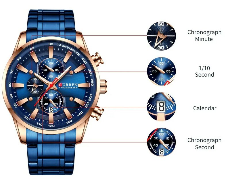 CURREN-Reloj de pulsera de acero inoxidable para hombre, cronógrafo de cuarzo, luminoso, a la moda, con fecha, camiseta nueva