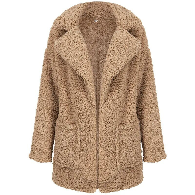 Chaqueta larga de felpa para mujer, abrigo grueso de lana de cordero, abrigo de piel informal cálido con solapa, moda de invierno