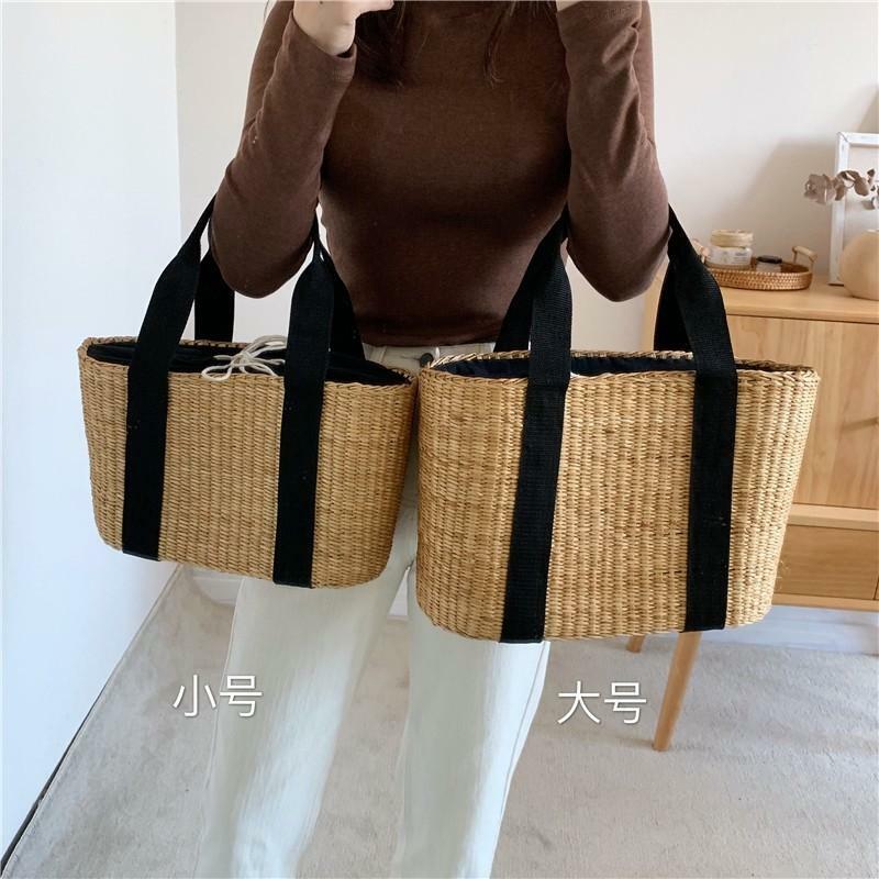 Bohemian Black Striped Straw Women Handbag Handmade Straw Basket Tote Bags For Women Summer Beach Woven Shoulder Bag Women's Bag