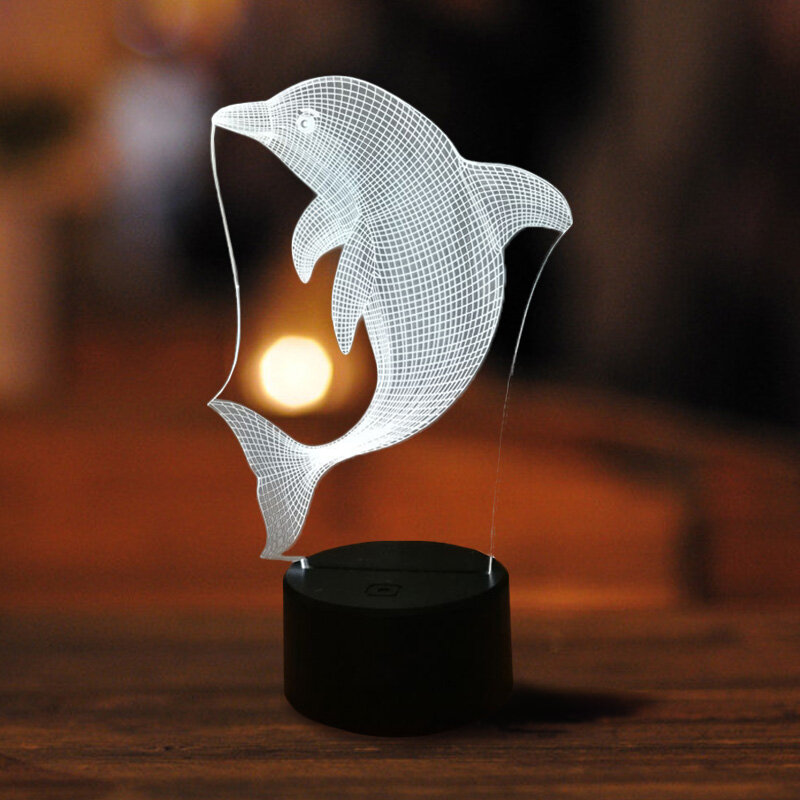 Caliente 3D ilusión Delfín de luz de la noche de la lámpara de mesa Touch romántico 7 cambio de colores 3D delfín animales en forma de bombilla LED ABS luz nocturna