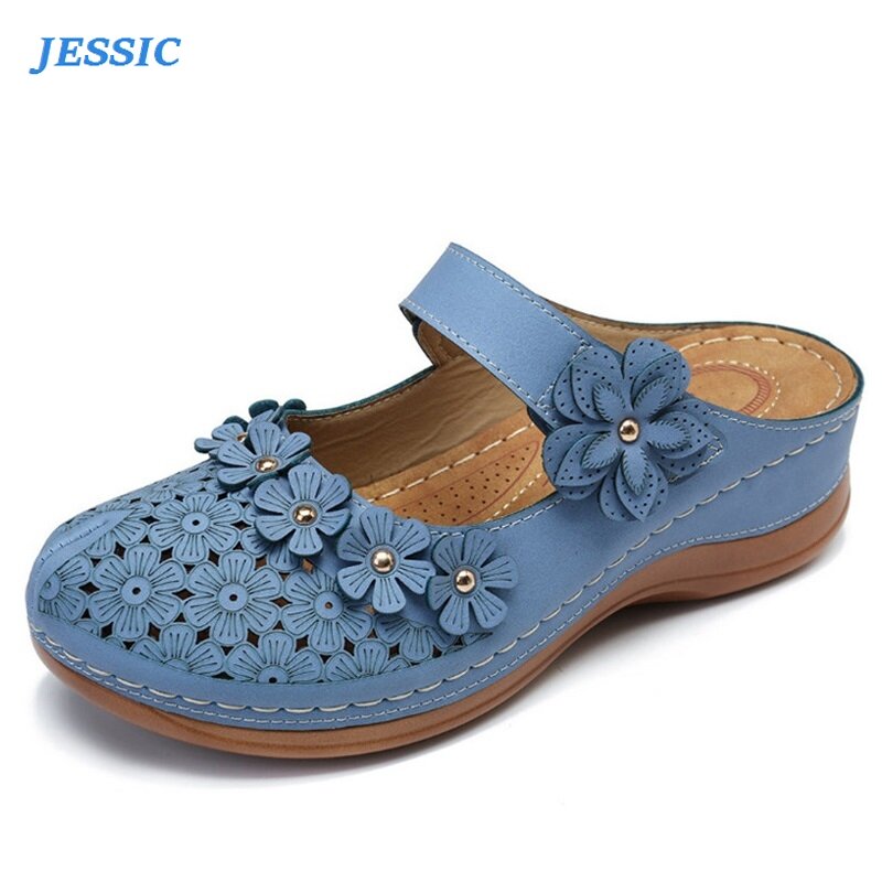 Jessic verão cunha sandálias flor do vintage fechado dedo do pé ajustável gancho loop cunhas mulher preguiçoso buraco sapatos plataforma sandália