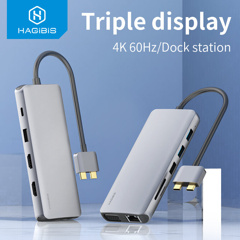 Hagibis USB C HUB Type C to HDMI-Compatible VGA USB 3.0 RJ45 Audio PD SD/TF Adapter Triple Display Dock for MacBook Pro/Air 2020