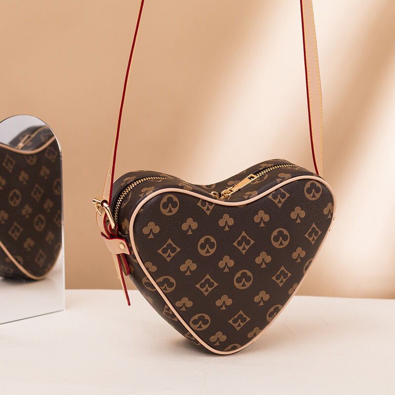 New Fashion Elegant Retro Printing Leather Heart-Shaped Bag Love Bag Ladies One-Shoulder Diagonal Bag Women's Bag