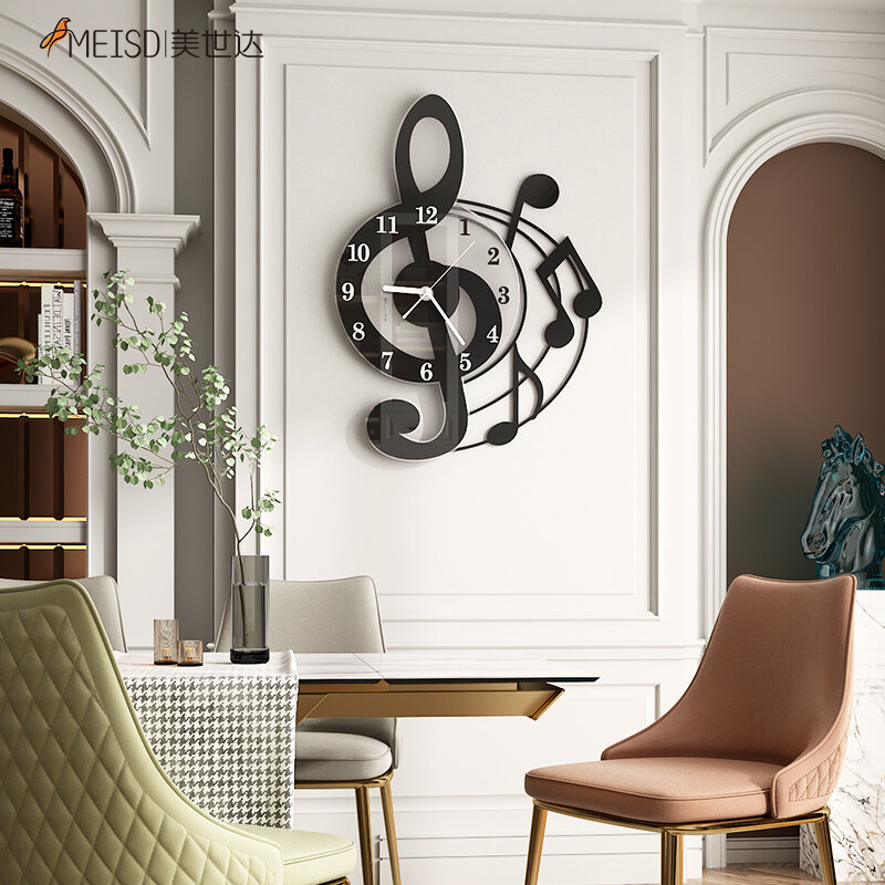 Reloj de pared Vintage decorativo, diseño moderno de música, negro, pegatina para sala de estar, espejo acrílico, cocina, Horloge silencioso de moda