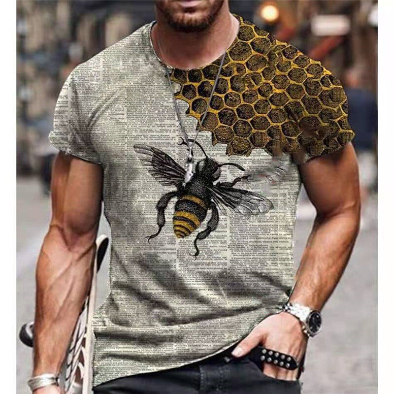 3D 꿀벌 유럽과 미국의 새로운 남성 캐주얼 라운드 넥 반팔 디지털 인쇄 슬림 풀오버 남자 티셔츠 청소년 티셔츠