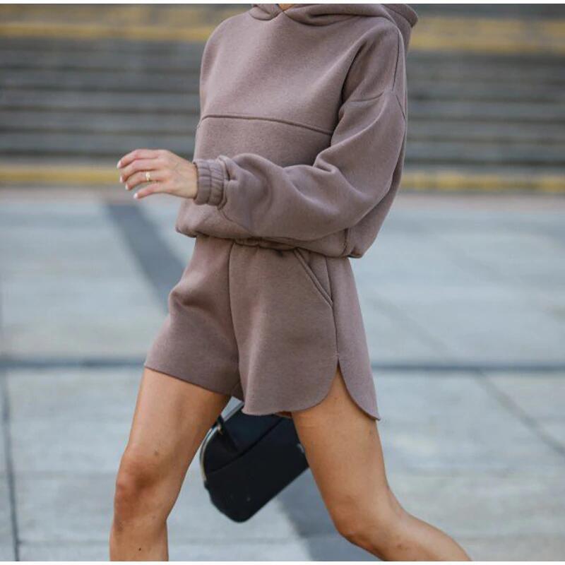 Autumn Fleece Tracksuit Women's Suit 2 Pieces Set Hooded Long Sleeve Hoodies And Shorts Female Sets Winter Casual Ladies Suits