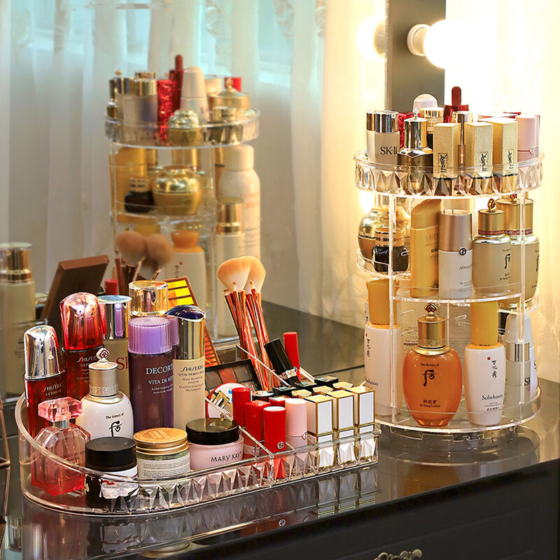 Caja de almacenamiento de cosméticos acrílica transparente, rotación de 360 grados, giratoria, multifunción, organizador de belleza de maquillaje desmontable