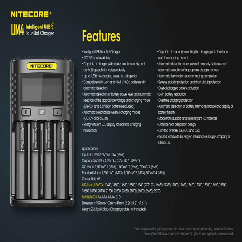 Original Nitecore UM4 UM2 USB QC Batterie Ladegerät Intelligente Schaltung Globalen Versicherungs li-ion AA AAA 18650 21700 26650