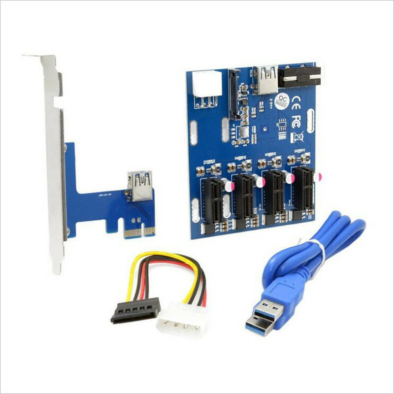 PCI-E to 4 PCI-E 1x Slot Adapter Extender Riser Card PCI-E Adapter Multiplier Mining Card Kit with 6Pin Power + SATA Port