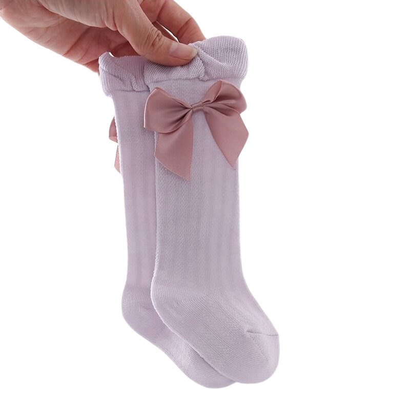 Medias para niñas pequeñas con lazo, calcetines de algodón transpirables de tubo largo para niñas de 0 a 3 años