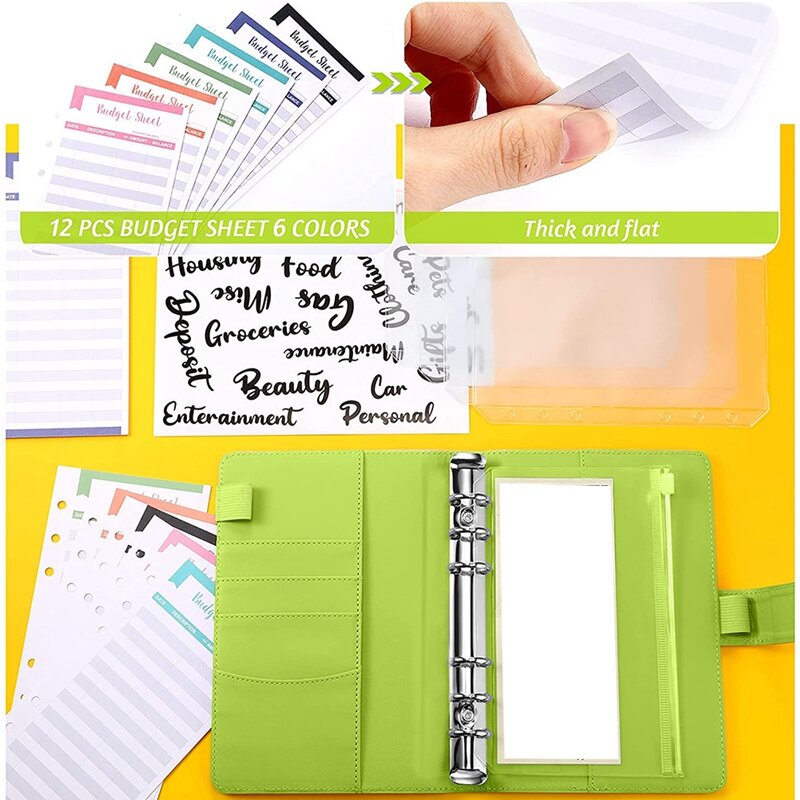 Carpeta de cuero PU A6 para cuaderno, Bloc de notas con 6 cubiertas para anillas, 8 bolsillos de carpeta, para planificación de billetes
