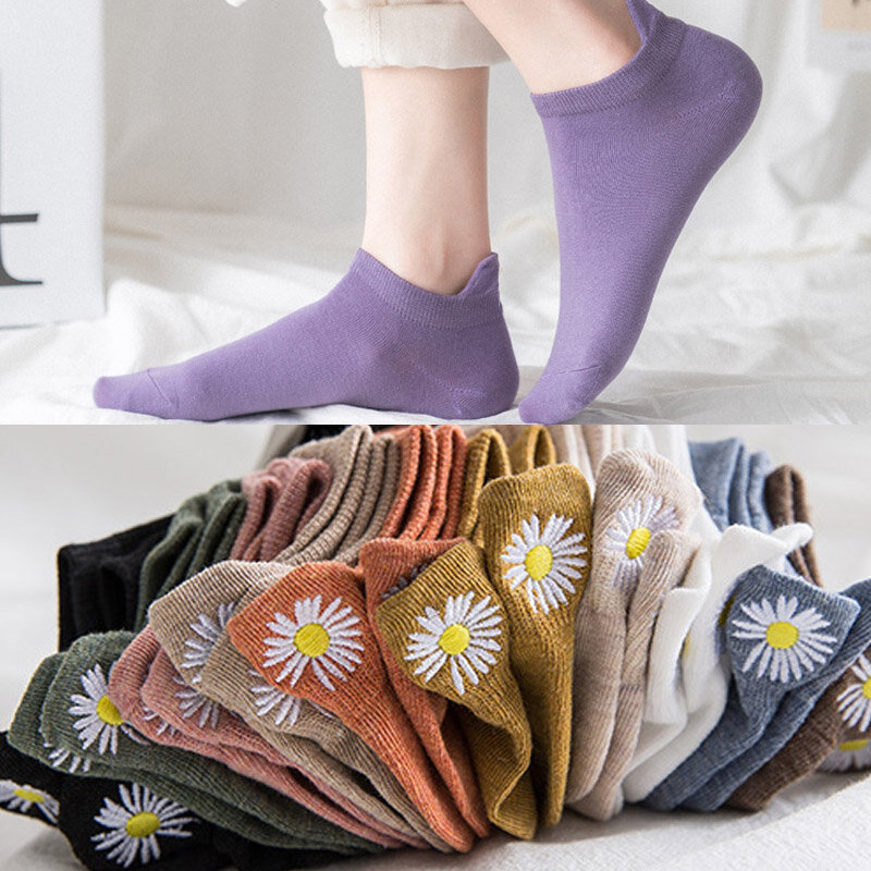 Calcetines tobilleros con bordado de margaritas para mujer, de algodón, Multicolor, de crisantemo, Retro, 1 par