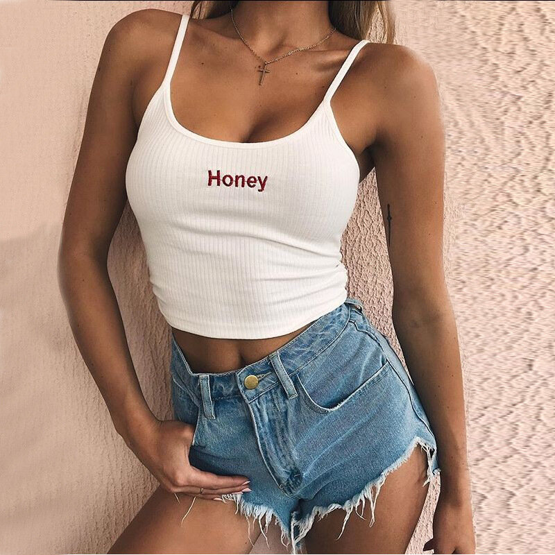 Sexy Women Crop Top 2020 Summer Honey Letter Embroidery Strap Tank Tops Cropped Feminino Ladies