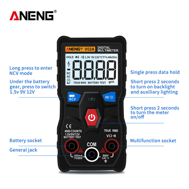 Aneng v02aデジタルマルチメータカウントデジタルマルチメータープロフェッショナルコンデンサテスターrrmetrichメートル測定