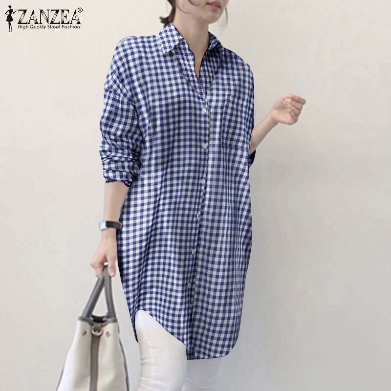 ZANZEA-camisas con estampado a cuadros para mujer, Blusa holgada informal con solapa de gran tamaño para oficina y trabajo