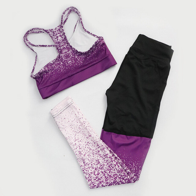 Women Fitness Yoga Set Sleeveless Top High Waist Pants Sportswear Gradient Print Leggings & Bra ombre Stretchy Running Gym Suits