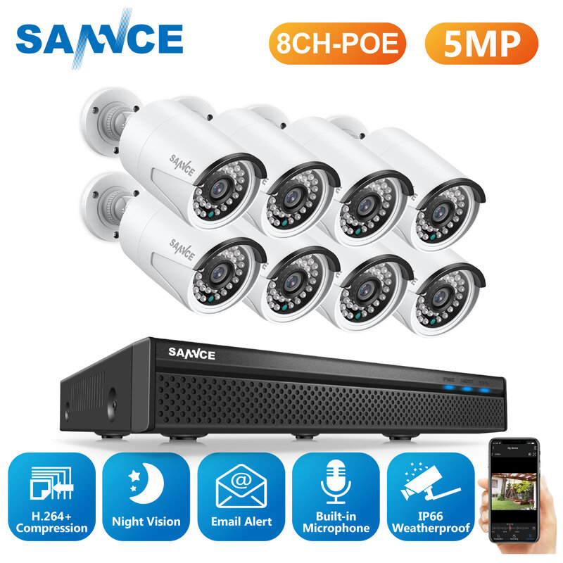 SANNCE 8CH 5MP FHD POE Video Surveillance Cameras System H.264+ 5MP NVR With Outdoor Waterproof Security IP Cameras Audio Record