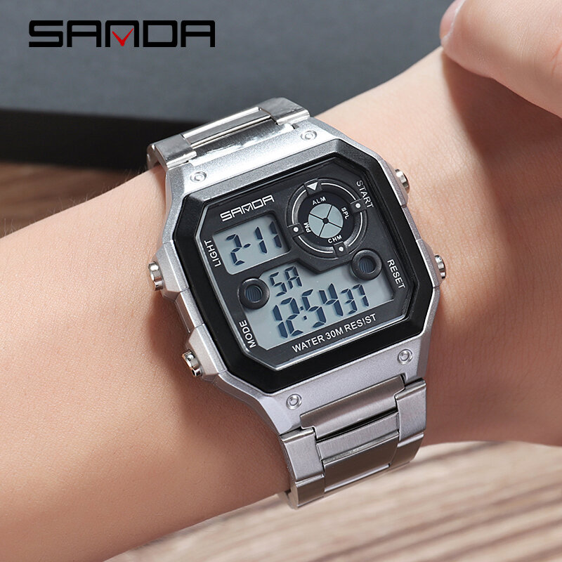 SANDA sportowe męskie zegarki ze stali nierdzewnej złota cyfrowe zegarki mężczyźni moda wodoodporna odliczanie zegar Relogio Masculino 408