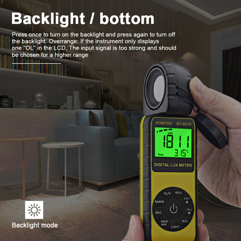 Btmeter medidor digital de iluminação, lux medidor de luz, 0.01 ~ 400,000 lux temperatura com sensor giratório 270 °, testador de luz