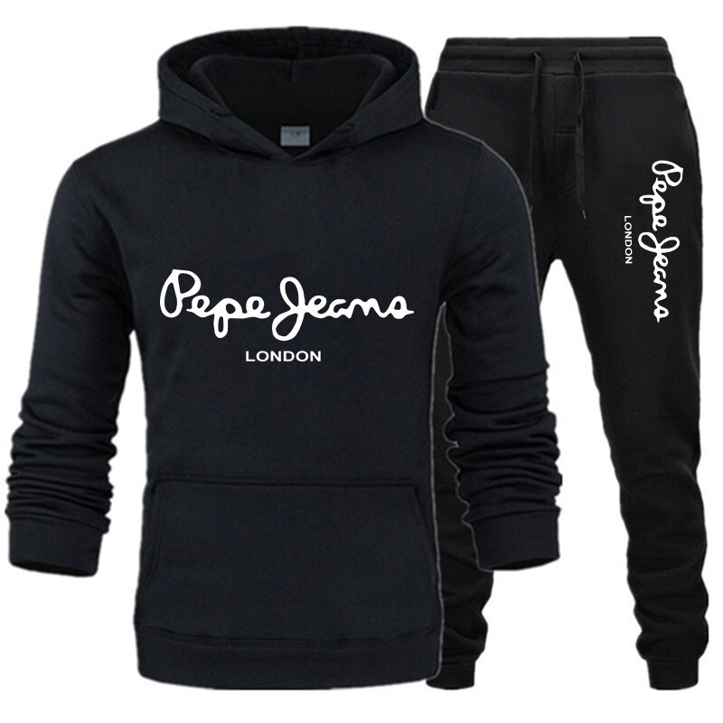 Męskie dresy Pepe Print 2 sztuka z długim rękawem sportowa bluza z kapturem i spodnie jesień zima miłośników golfa zestaw solidna odzież do joggingu dla mężczyzn