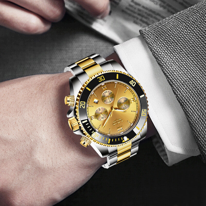 LIGE męskie zegarki biznesowe wodoodporne zegarki z datą mody wielofunkcyjne ze stali nierdzewnej złoty zegarek kwarcowy Relogio Masculino + Box