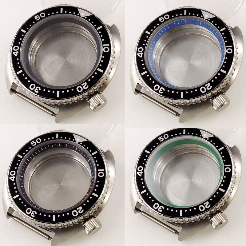 Capa de relógio de aço inoxidável, 45mm, compatível com 21 joias nh35a, inserção de moldura de liga de safira, vidro preto, movimento automático