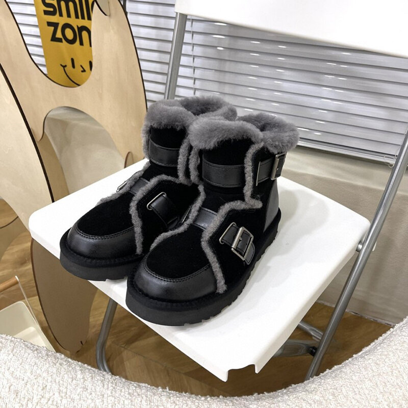 Botas de nieve de piel para mujer, zapatos de lana de marca famosa, a la moda, locomotora, invierno, 2021