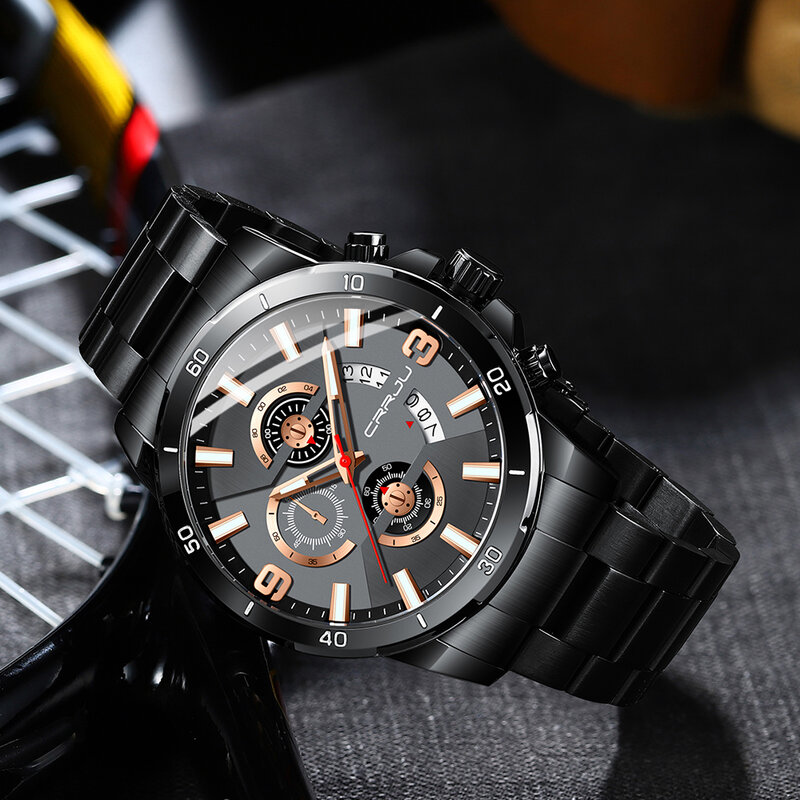CRRJU-reloj deportivo de lujo para hombre, cronógrafo de pulsera, de acero inoxidable, 316L, resistente al agua, de cuarzo