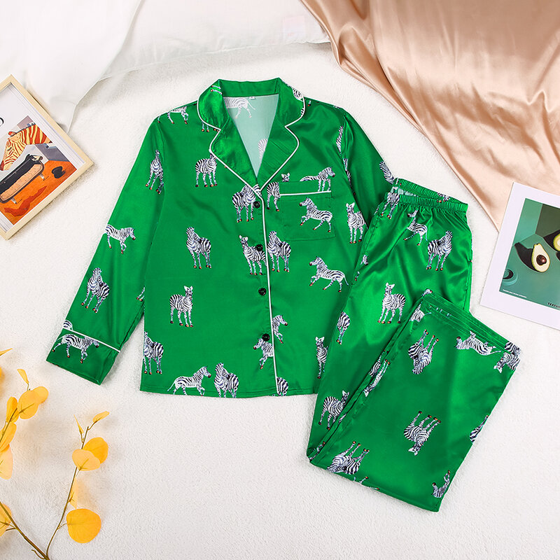 Hiloc-Conjunto de pijama con estampado de cebra para mujer, ropa de dormir de satén de manga larga con estampado de cebra, 2 piezas, otoño, 2021