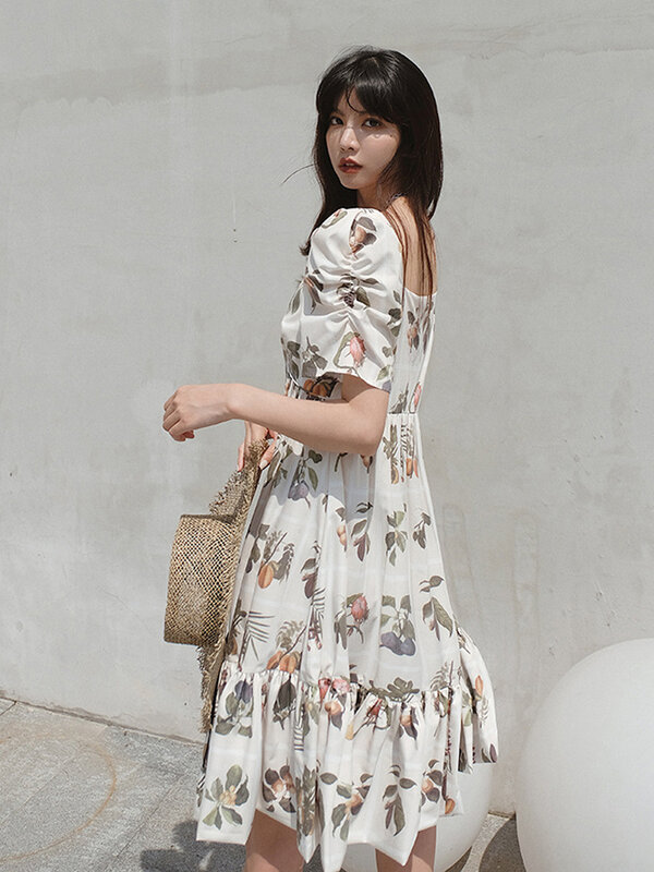 2020 новое летнее женское платье с принтом в японском и корейском студенческом стиле с v-образным вырезом и рукавами-пузырями модная длинная юбка A2167 #
