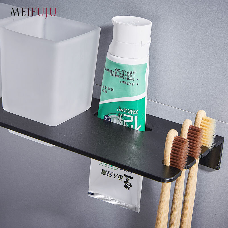 Silver Double toothbrush holder with Tooth Holder Aluminum Black Tumbler & cup holder wall mounted bath product Toothpaste Rack