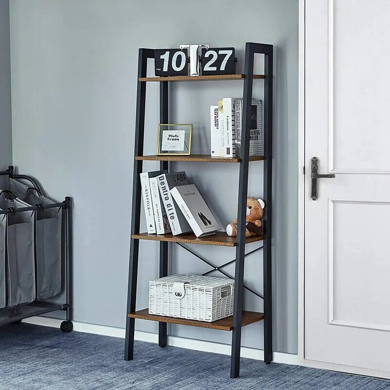 Bookshelf with 4 Tiers Corner Shelf Shelves and Storage Industrial Bookcase Wood Furniture Living Room Storage Organizer