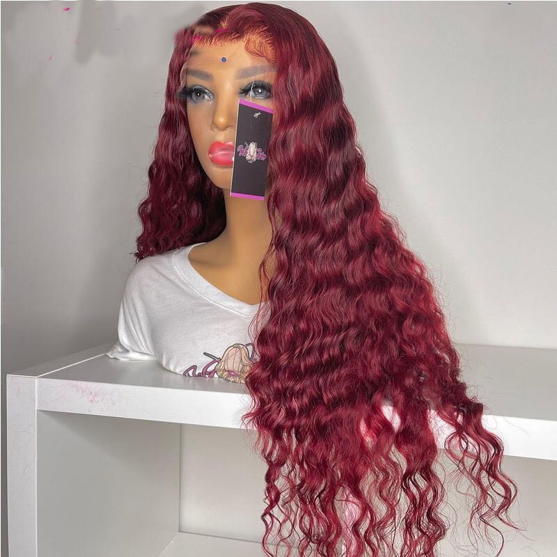 Perruque Lace Front wig synthétique bouclée bordeaux 26 pouces, longue densité 180%, pre-plucked avec Baby Hair, sans colle, résistante à la chaleur