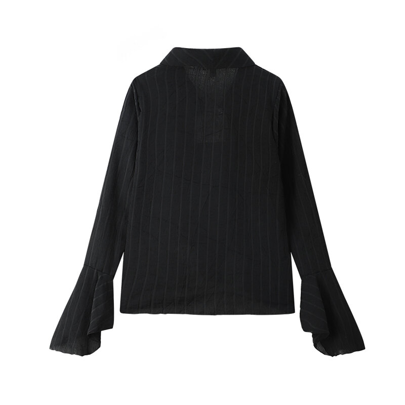 Fino preto listrado camisa feminina primavera outono novo comprimento irregular design sentido personalidade folhas de lótus mangas blusa feminina