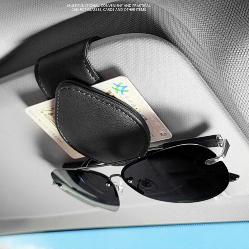 Parasol para coche con Clip, montura de gafas de sol de cuero multifunción, tarjetero