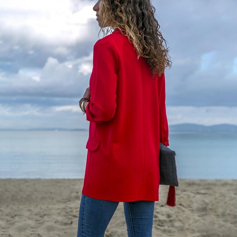 Женский однотонный блейзер с карманами, элегантный повседневный приталенный пиджак с длинным рукавом и классическим дизайном, размеры XL T1