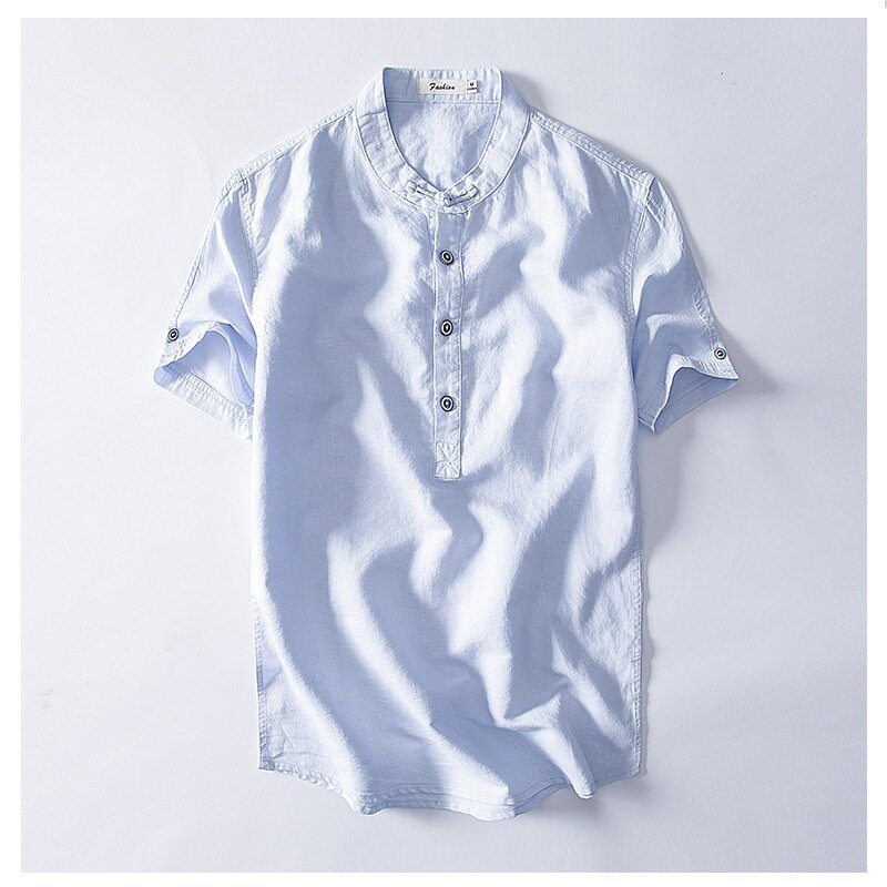 Camisas masculinas retrô de linho de algodão, camiseta casual masculina de manga curta branca, verão, cor sólida, novo, 2021