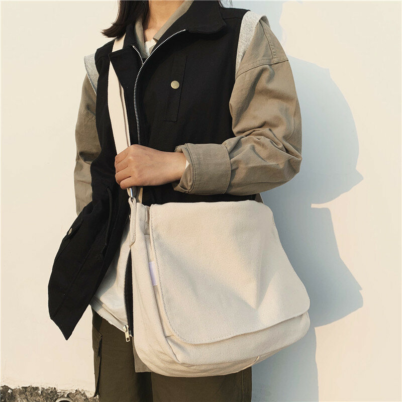 Casual Shoulder Canvas Bag Large Women Shoulder Crossbody Bags Travel Shopping Messenger Bag Solid Color Unisex Satchels