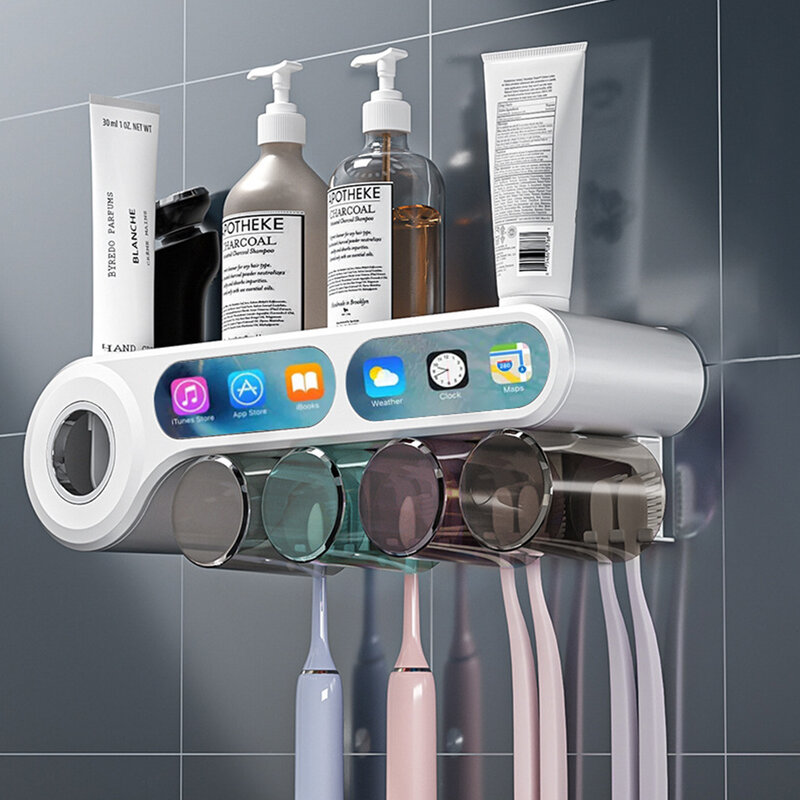 Punch-ฟรี Multifunctional แปรงสีฟันติดผนัง Rack Wash เก็บยาสีฟันบีบอุปกรณ์ห้องน้ำชั้นวางของ