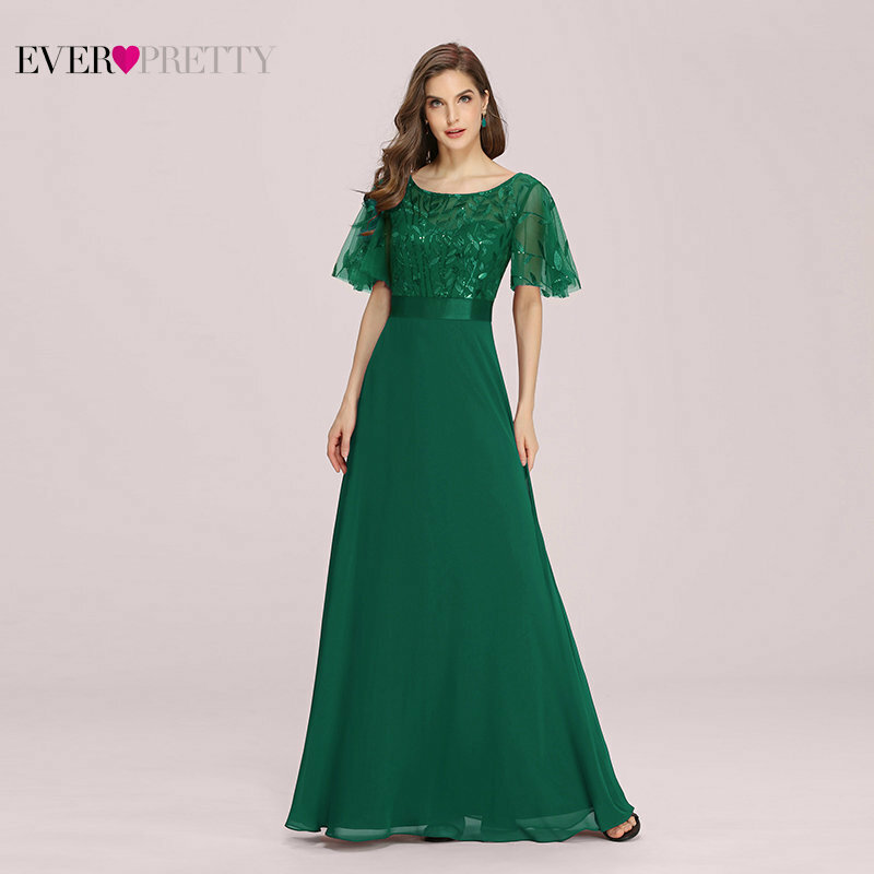 Elegant Dark Green Prom Dresses Plus Size Ever Pretty New A Line O Neck Flare Sleeve Lace Sequined Formal Party Dress EP00691DG