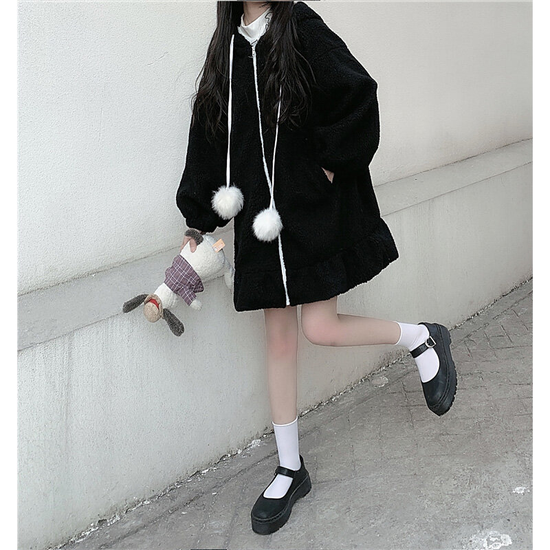 Abrigo largo Midi con capucha para mujer, prenda de manga larga con orejas de conejo, estilo Kawaii Lolita, con cremallera, Estilo Vintage