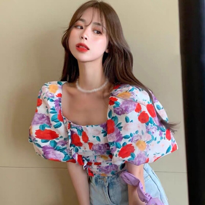 EFINNY-Blusa con estampado Floral para verano, camisa elegante con manga abombada y cuello cuadrado para mujer, estilo francés