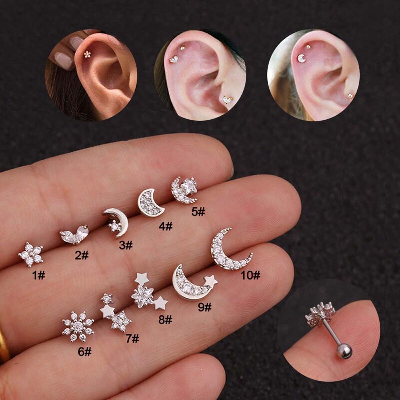 Ensemble de Mini boucles d'oreilles en Zircon, coquillage de fleur, lune, étoile, clous en acier inoxydable pour femmes et filles, petits bijoux à la mode