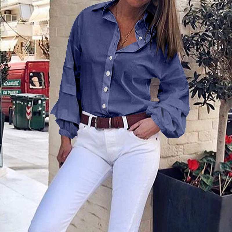 Celmia-Tops de moda Vintage para mujer, blusas con volantes y manga farol, botones de solapa, Túnica holgada informal, camisa de fiesta 2021