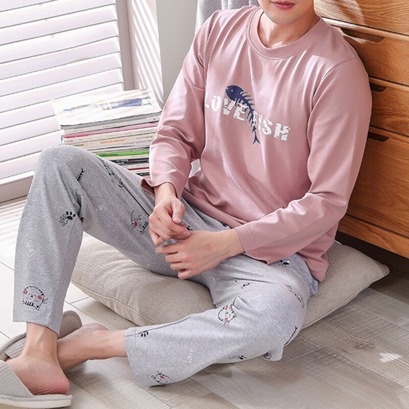 Set Piyama Katun Lengan Panjang untuk Pria Pakaian Tidur Pria Kartun Hijau Lucu Pakaian Rumah Kasual Hangat Musim Gugur Piyama Celana Kisi