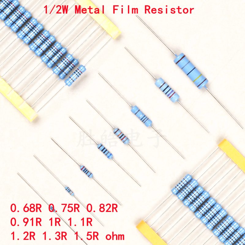 Résistance de Film métallique 1/2W 1% 0.68R 0.75R 0.82R 0.91R 1R 1.1R 1.2R 1.3R 1.5R 0.68 0.75 0.82 0.91 1 1.1 1.2 Ohm 50 pièces