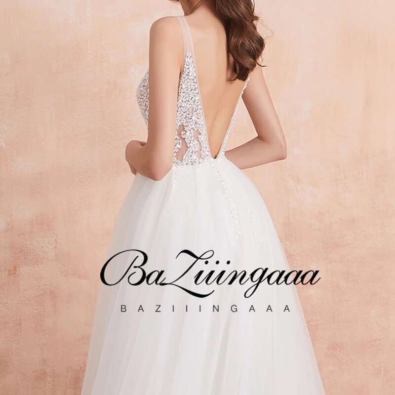 White Prom Dresses Long 2021 V Neck Beading High Split Tulle Sweep Train Sleeveless Evening Gown A-Line Backless Robe De